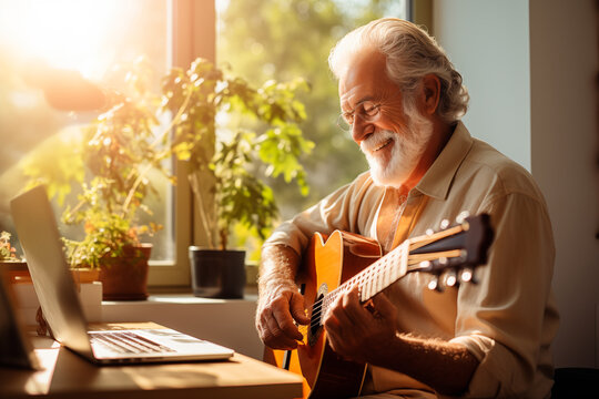 Elderly man in his 60s learning to play guitar from home with online course. Generative AI