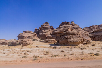 Rock formations at Hegra (Mada'in Salih) site near Al Ula, Saudi Arabia