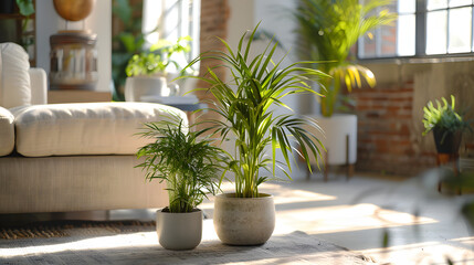 cozy living room potted plant and blurry background - obrazy, fototapety, plakaty