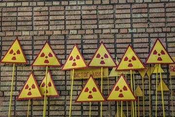 Warning signs in Pripyat ghost city in Chernobyl Exclusion Zone, Ukraine