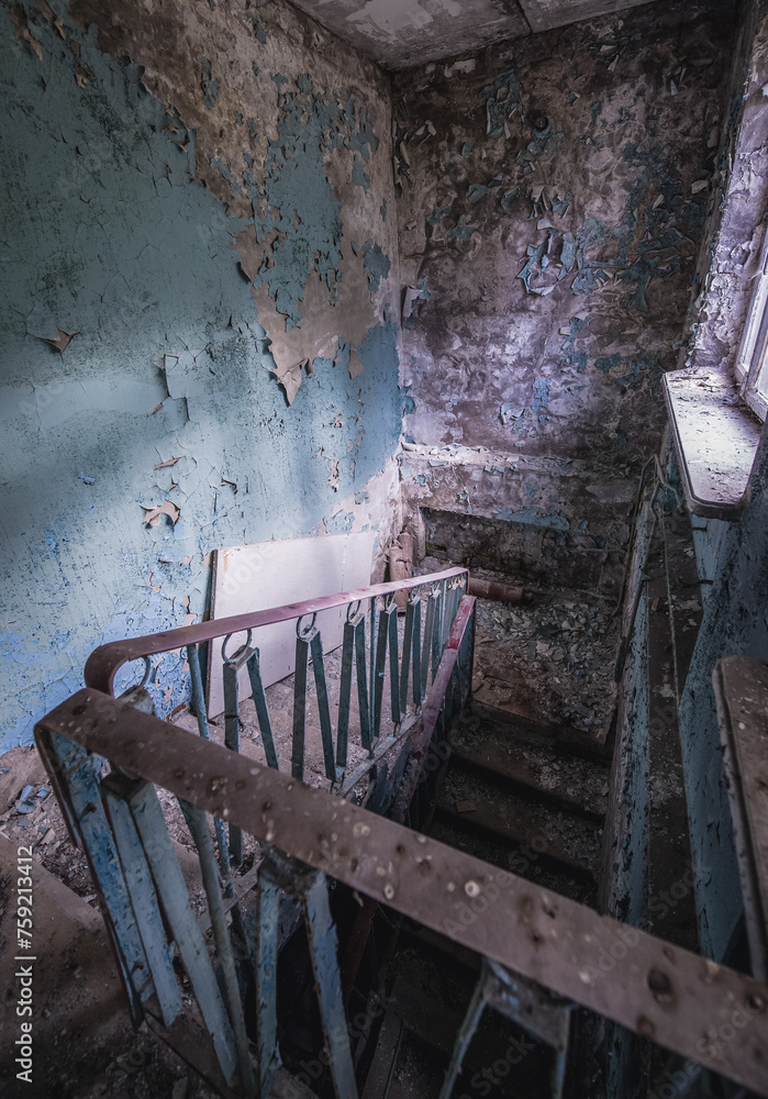 Wall mural Stairs in hospital in Pripyat ghost city in Chernobyl Exclusion Zone, Ukraine