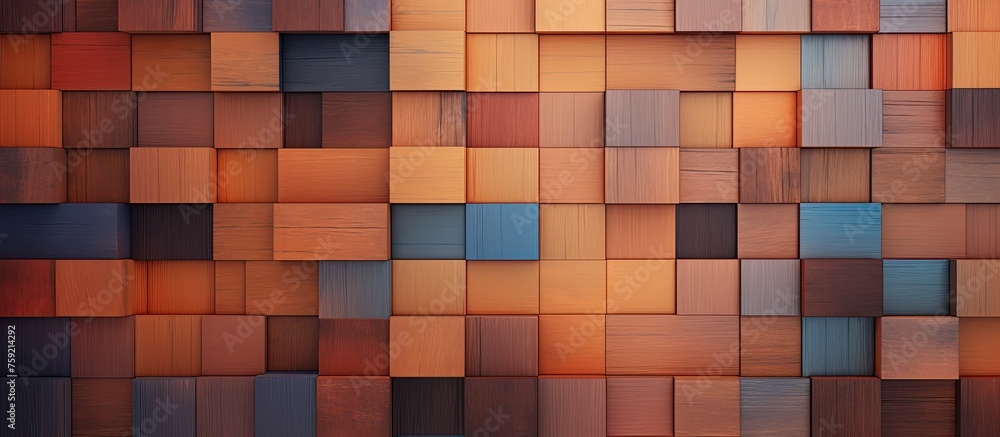 Sticker A close up of a wall with brown rectangular wooden flooring squares in amber, orange, and electric blue shades. Symmetrical arrangement with a variety of tints and shades