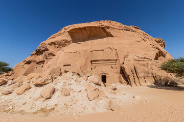 Rock cut tombs 39 and 42 in Jabal Al Banat hill at Hegra (Mada'in Salih) site near Al Ula, Saudi...