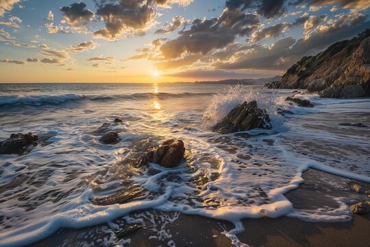 sunset on the beach with waves hitting rocks 