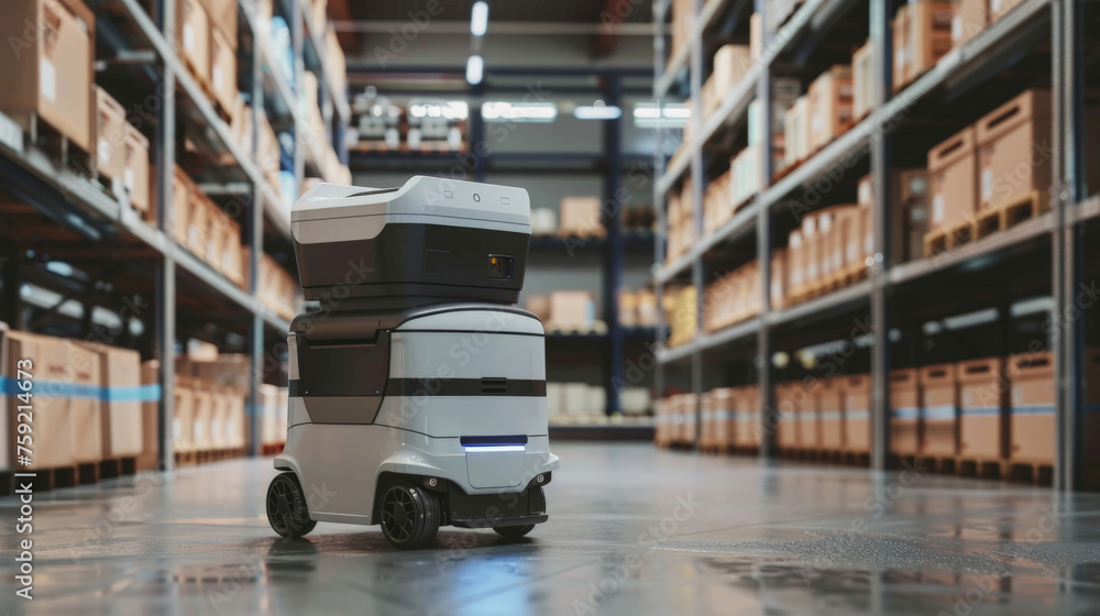Poster a white and black robot is navigating a warehouse filled with shelves and equipment. the robot appea
