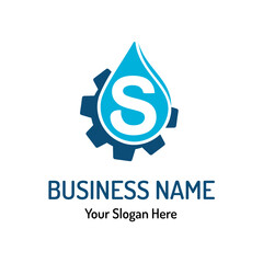 Letter S Logo Idea for Water Repair, Water Maintenance. Simple Modern Plumbing Service Logo with Water Drop and Gear