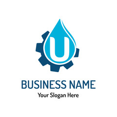 Letter U Logo Idea for Water Repair, Water Maintenance. Simple Modern Plumbing Service Logo with Water Drop and Gear