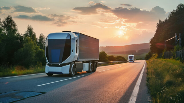 Futuristic semi truck is seen driving down a road during sunset, with the sun casting a warm glow over the scene