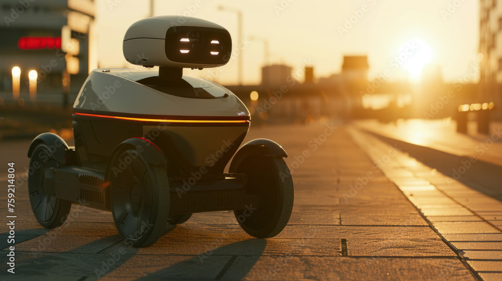 Poster futuristic tiny robot with metallic features is perched on the edge of a road, its small stature con