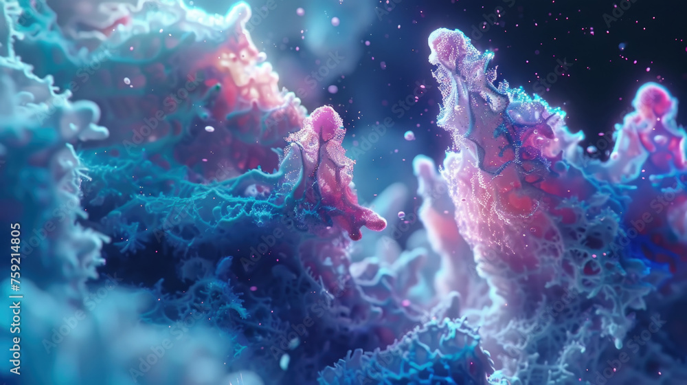 Poster abstract painting showcases blend of vivid blue and pink colors interacting in dynamic patterns, cre