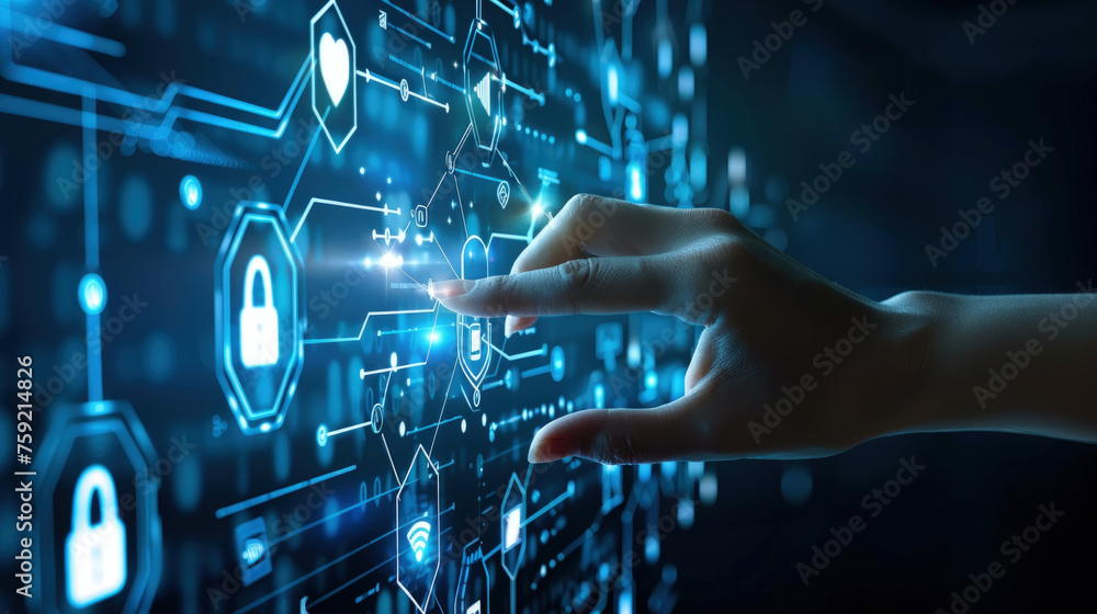 Poster hand touching screen with lock displayed on it, indicating security measures being accessed or adjus