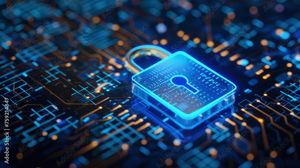 Aufkleber glowing lock is firmly secured on top of a circuit board, symbolizing security in technology and dat