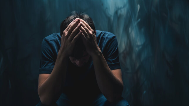 Emotional moment- man sitting holding head in hands, stressed sad young male having mental problems, feeling bad, depressed, disappointed, hopeless. Desperate man in the dark corner needing help