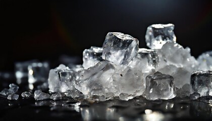 Pile of crushed ice cubes on dark background with copy space. Crushed ice cubes foreground