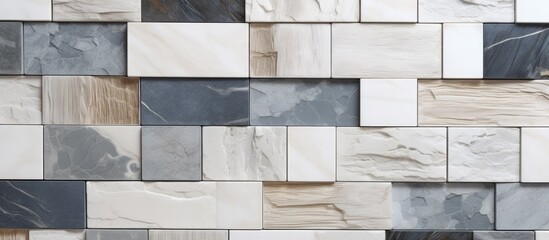 Abstract white and gray marble and granite tiles with gray wood banners and mosaic decoration