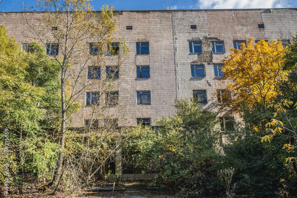 Poster Facade of Hospital MsCh-126 in Pripyat ghost city in Chernobyl Exclusion Zone, Ukraine