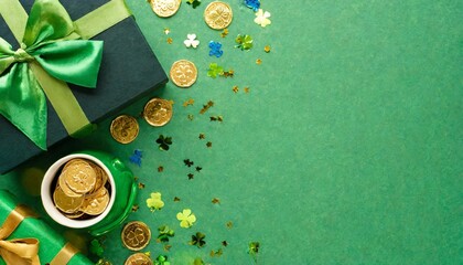 saint patrick s day concept top view photo of leprechaun cap present boxes pot with gold coins bow tie shamrocks and confetti on isolated green background with blank space - obrazy, fototapety, plakaty