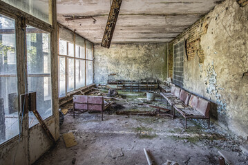 Waiting room in Hospital MsCh-126 in Pripyat ghost city in Chernobyl Exclusion Zone, Ukraine - obrazy, fototapety, plakaty