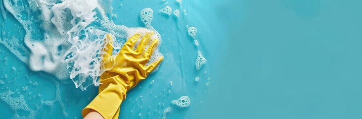 A yellow glove cleans the surface with a foam sponge. Banner. Place for the text - obrazy, fototapety, plakaty