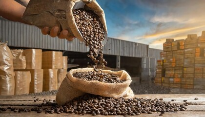  raw coffee pouring from a handful in a bag, against background of a warehouse,  - obrazy, fototapety, plakaty