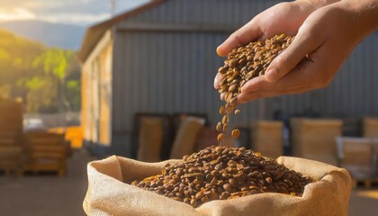  raw coffee pouring from a handful in a bag, against background of a warehouse, 