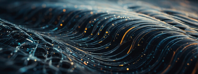 Abstract waves, particles, and connecting dots and lines, symbolizing the synergy between data and technology in a futuristic context.