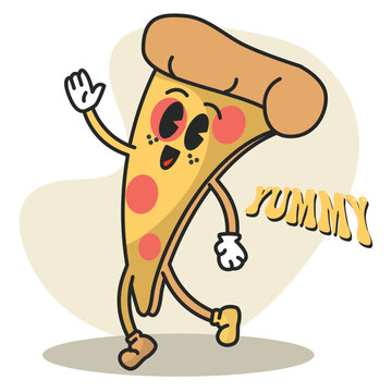 Pizza groovy cartoon Fast food cute kawaii Vector