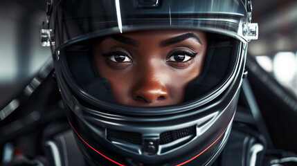Close-up of a black female pilot wearing a helmet - obrazy, fototapety, plakaty