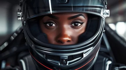 Schilderijen op glas Close-up of a black female pilot wearing a helmet © Dantaz