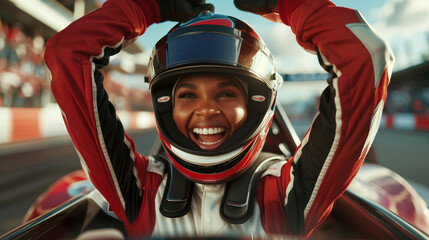 Black female racer after winning the race - obrazy, fototapety, plakaty