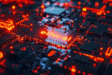 A computer chip with the word Ethical AI on it. The chip is surrounded by a blue and red glow