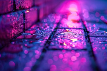 A brick wall with a pink hue and a blurry background. Neon lights. The wall appears to be wet and has a shiny, reflective surface. Scene is one of mystery and intrigue, as the blurry background