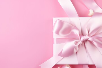 Gift box with pink satin bow on a soft pink backdrop.