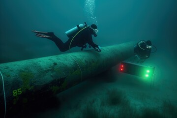 Scuba Diver Exploring Underwater Pipeline