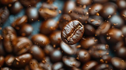 Close-up of aromatic roasts raw whirl coffee beans floating flying in the air. Delicious drink beverage. Healthy product by organic natural ingredients.