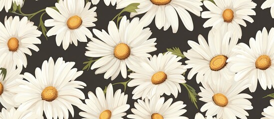 A seamless pattern featuring white daisies on a black background, showcasing the beauty of this terrestrial plant with its delicate petals and contrasting colors. Perfect for nature lovers - obrazy, fototapety, plakaty