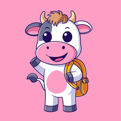 Cute cow carrying a yellow backpack