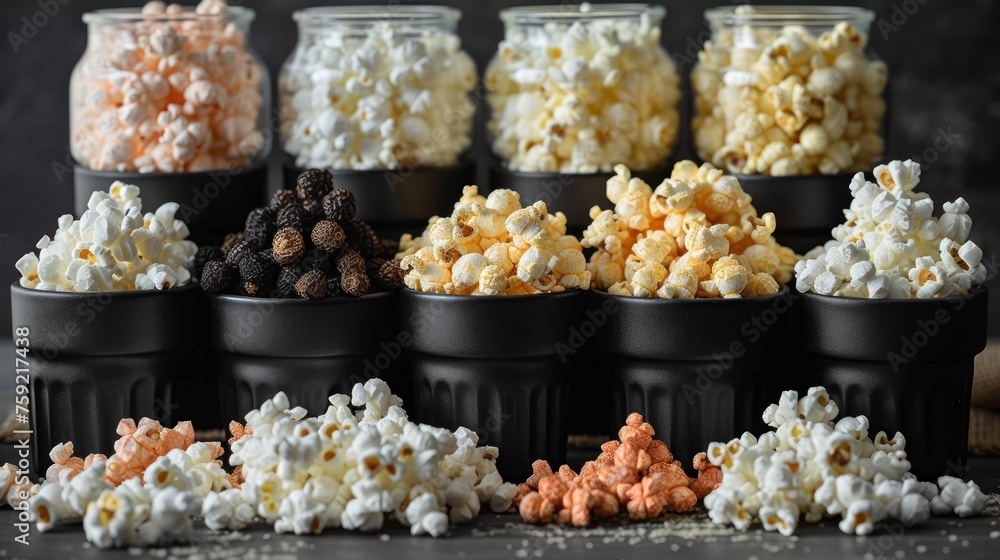 Aufkleber a table topped with black containers filled with different kinds of popcorn next to a pile of popcor