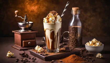 Sweet Milkshake with caramel syrup, cream liqueur, on brown background