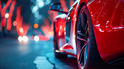close up photo about Red sport car closeup picture on a narrow road with bokeh background - obrazy, fototapety, plakaty