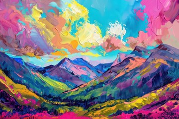 colorful painting in the mountains with clouds