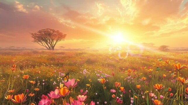 A very beautiful view at sunrise with lots of flowers. seamless looping time-lapse virtual video Animation Background.