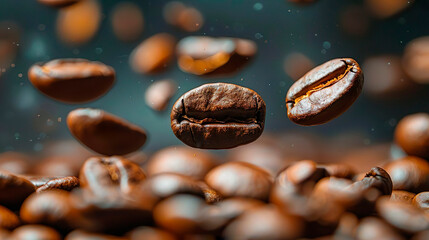 Close-up of aromatic roasts raw whirl coffee grains floating flying in the air. Delicious drink beverage. Healthy eating. Organic natural coffee beans.