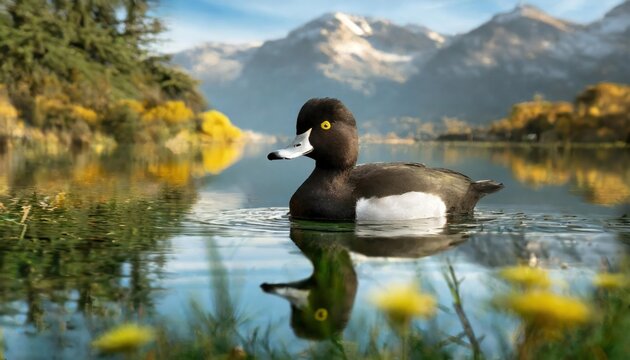 This  female Tufted Duck has yellow eyes  , high quality photo