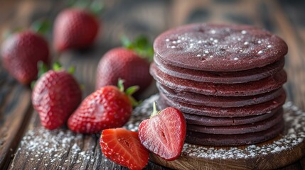 a close up of a stack of cookies and strawberries on a wooden table with powdered sugar on the top of the cookies.
