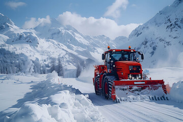 Red Tractor Plowing Snow Covered Road