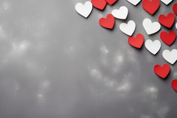 Red and white heart cutouts spread over a sparkling grey background with space for text.