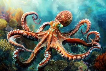 Fototapeta na wymiar octopus with orange tentacles swimming amidst reefs and other underwater life
