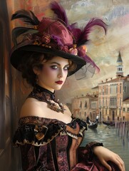 Elegant gekleidete Frau in historischem Kostüm mit Federhut steht vor einem Gemälde mit Szenen aus Venedig - obrazy, fototapety, plakaty