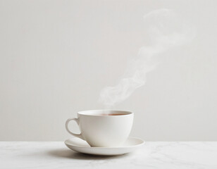 white porcelain cup of coffee on a table against a white wall